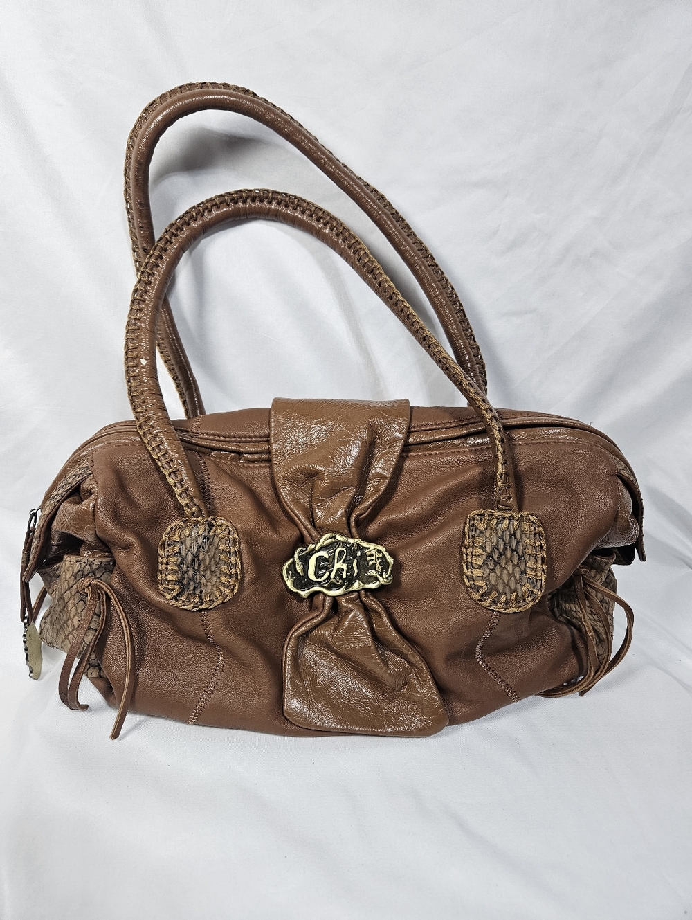 CHI Brown Leather Snakeskin Embossed Shoulder Bag Boho Satchel Purse